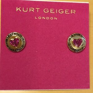 Kurt Geiger Be Kind Magenta Pink Heart Gold Stud Earrings, EUC